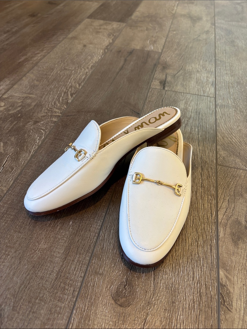 Sam Edelman White Leather Slip-On Mules with Gold Bit
